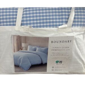 Boundary Blue and White Checkered Cotton Queen Comforter Set with Ruffle Trim